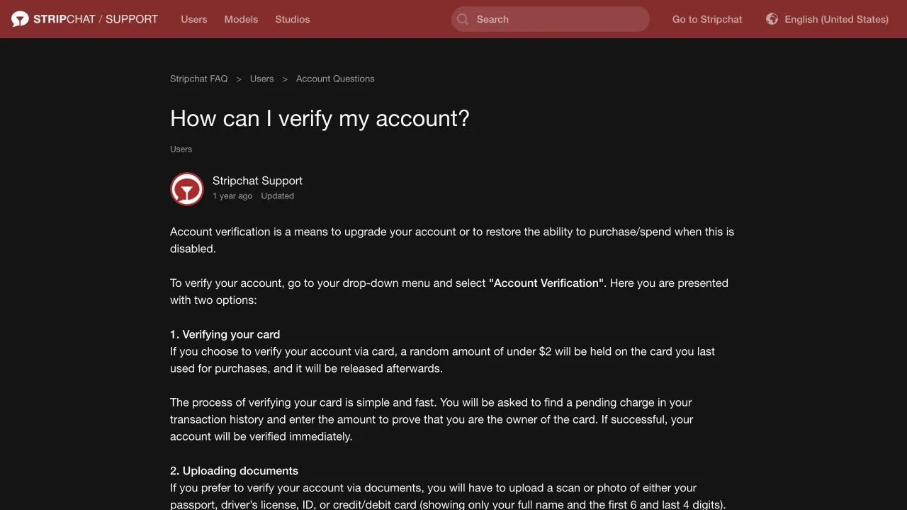 Stripchat का सहायता लेख जिसमें Account Verification, खरीद या खर्च पर लगी रोक और कार्ड की लंबित राशि वाले विकल्प का विवरण है