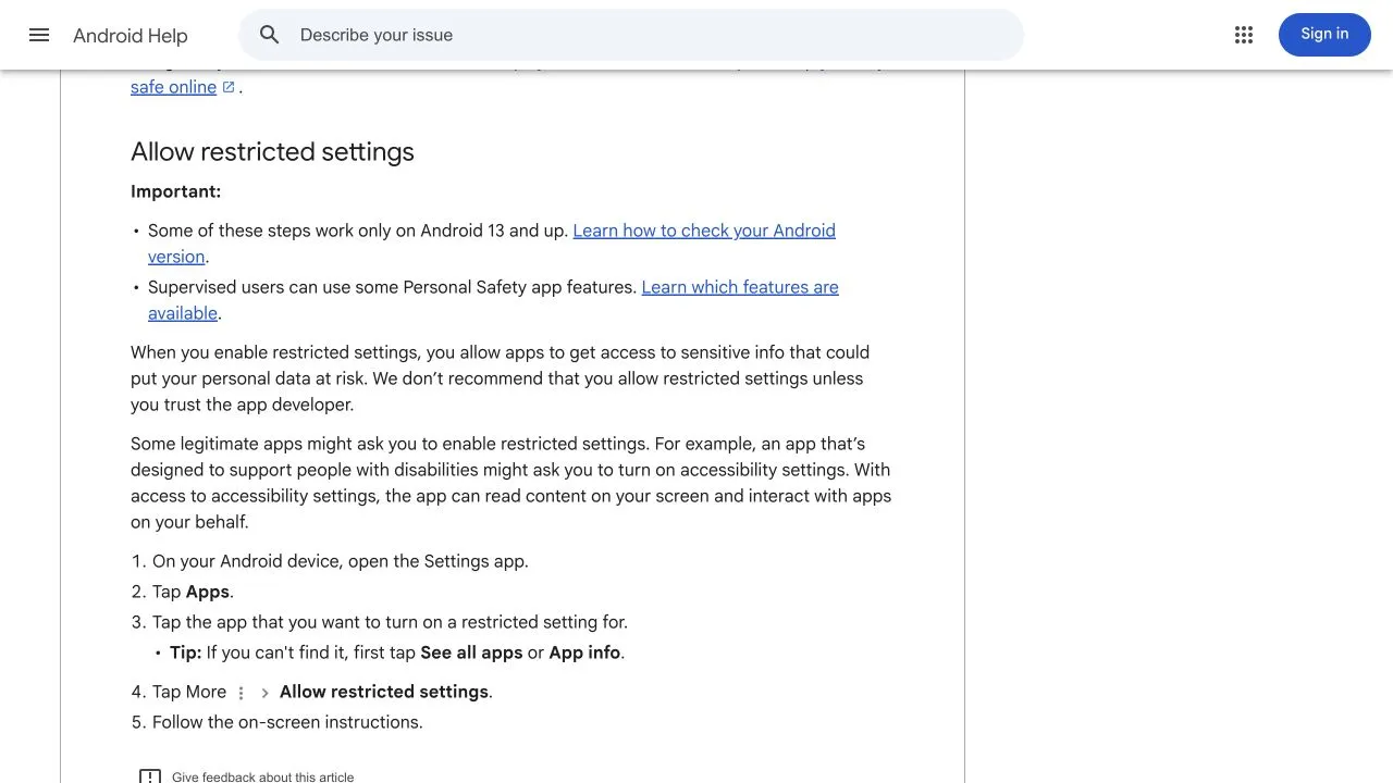 Android सहायता में प्रतिबंधित सेटिंग से संवेदनशील जानकारी के जोखिम और Accessibility द्वारा स्क्रीन पढ़ने तथा दूसरे ऐप में कार्रवाई का विवरण