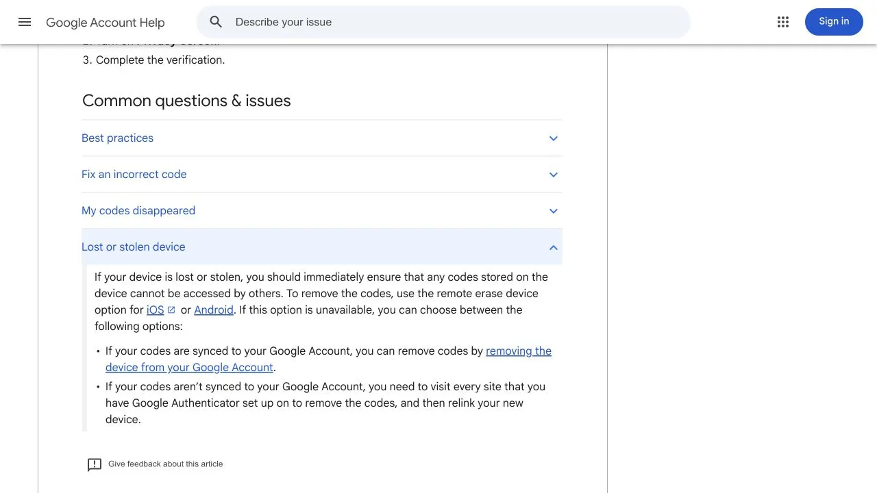 Google Authenticator सहायता का Lost or stolen device भाग, जिसमें कोड सुरक्षित रखने और सिंक तथा बिना सिंक प्रविष्टियों का अंतर है