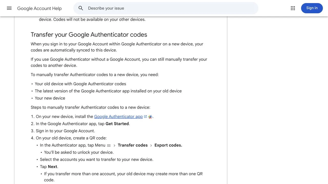 Google Authenticator सहायता में सिंक किए कोड और मैन्युअल ट्रांसफ़र के लिए ज़रूरी डिवाइस का विवरण