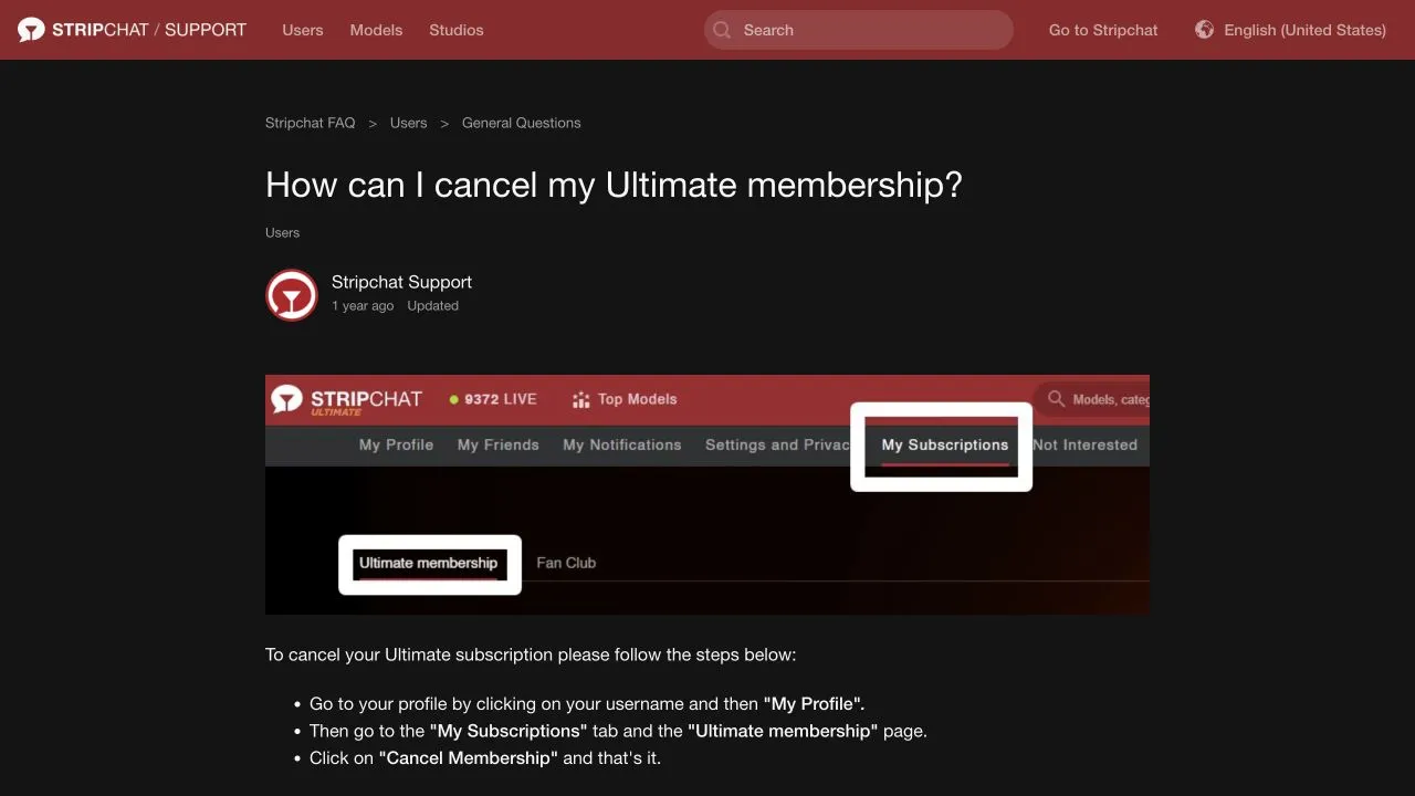 Stripchat का Ultimate रद्द करने वाला गाइड, जिसमें My Subscriptions, Ultimate membership और Cancel Membership चरण दिखाए गए हैं