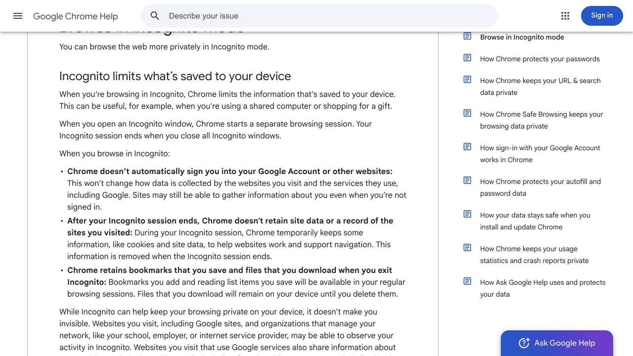 Google Chrome की सहायता में अस्थायी इन्कॉग्निटो साइट डेटा, बचे रहने वाले डाउनलोड और बुकमार्क तथा ऑनलाइन गोपनीयता की सीमाएँ