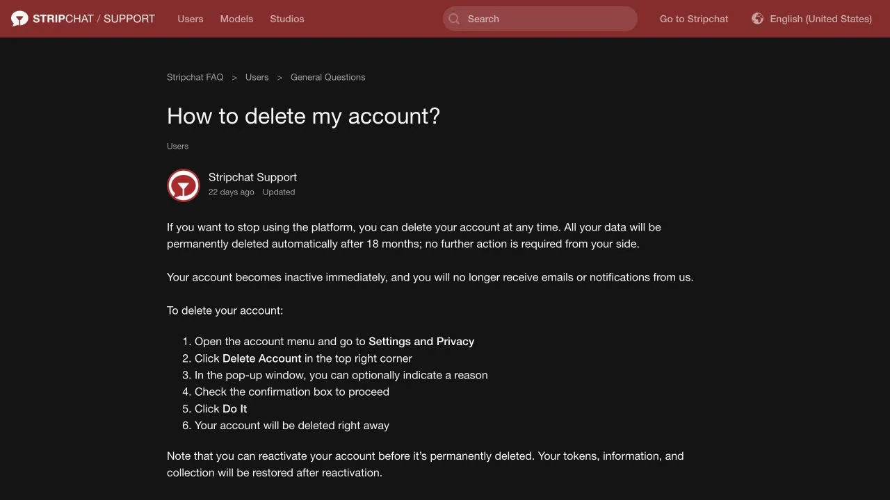Stripchat उपयोगकर्ता अकाउंट हटाने के गाइड में Settings and Privacy, Delete Account, पुष्टि और 18 महीने की स्थायी हटाने की अवधि