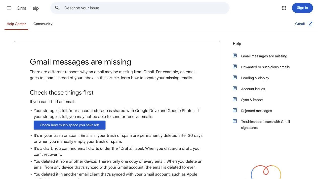 Gmail सहायता में स्टोरेज, Spam, Trash और मैसेज न मिलने की दूसरी वजहें