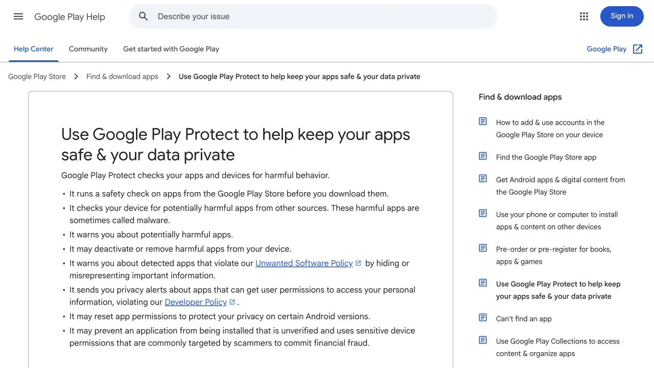 Google Play Protect सहायता में ऐप सुरक्षा जाँच, चेतावनी, हानिकारक ऐप हटाने और दूसरे स्रोतों के ऐप की जाँच का विवरण