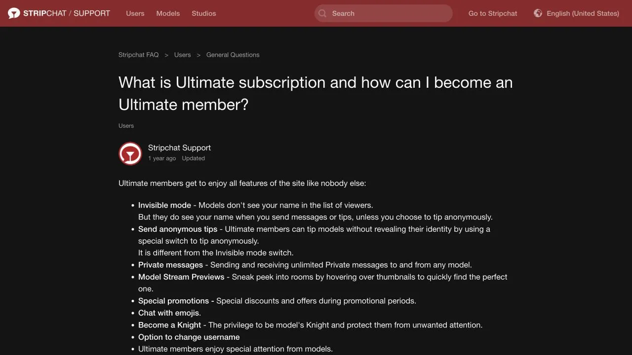 Stripchat की Ultimate सदस्यता सहायता में Invisible Mode, मैसेज या टिप पर नाम की दृश्यता और अलग अनाम टिप स्विच का विवरण