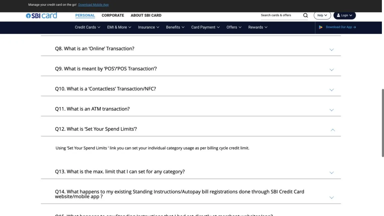 SBI Card FAQ में Set Your Spend Limits खुला है और बिलिंग चक्र की क्रेडिट सीमा के संदर्भ में व्यक्तिगत श्रेणी उपयोग समझाया गया है