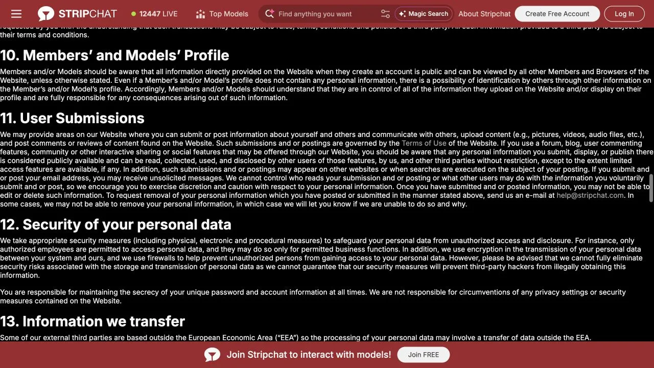 Stripchat की गोपनीयता नीति में प्रोफ़ाइल, उपयोगकर्ता की साझा सामग्री और सुरक्षा के हिस्से